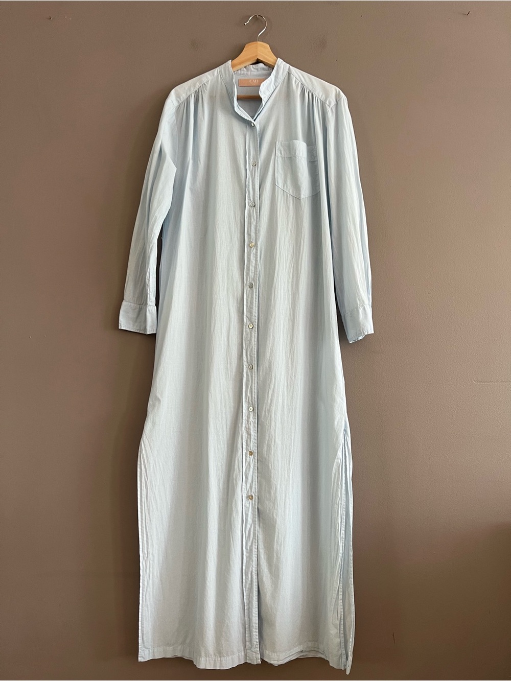 Cali Dreaming Shirt Maxi Dress S Blue Button Front Long Sleeve No Belt Stains